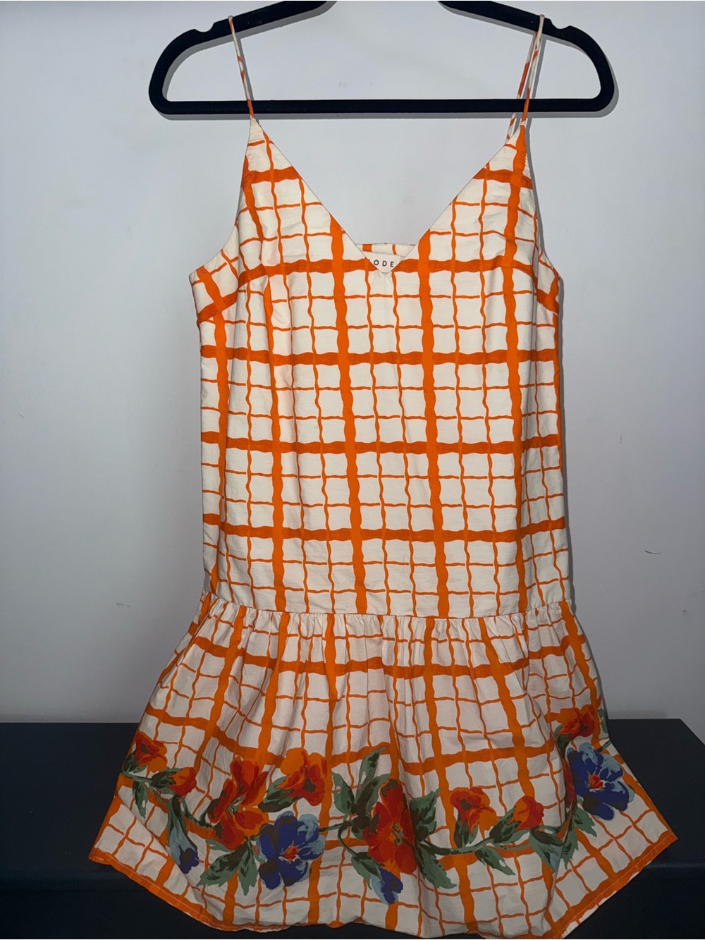 RHODE Orange Plaid Drop-waist Minidress with Floral Trim Size 4
